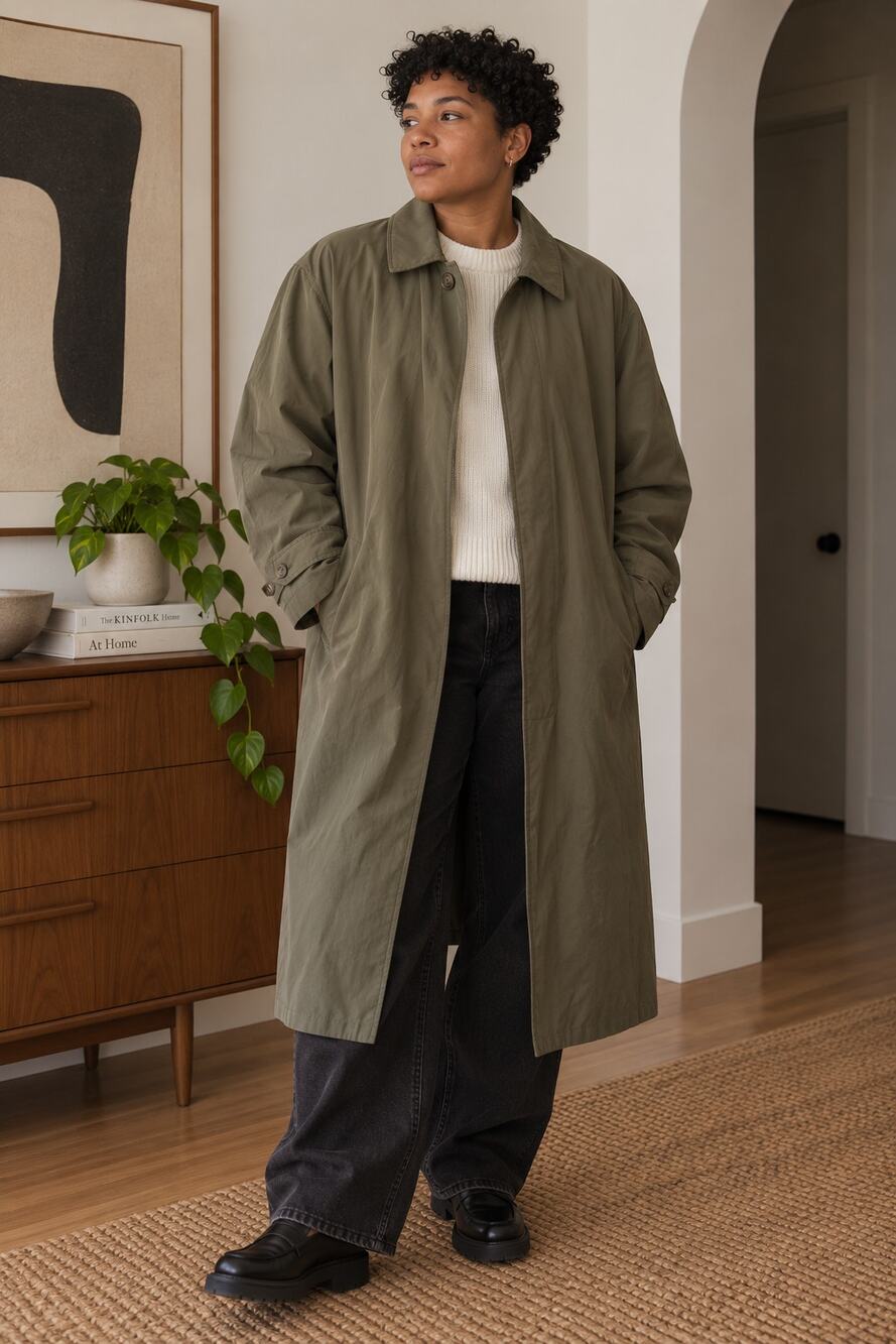 Vintage Newport Harbor Olive Green Long Mac Trench Coat Made in USA ✨